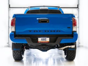 Toyota Tacoma Performance Exhaust - Rear - AWE Tuning - 0FG Cat Back Exhaust with BashGuard - Dual 4.5” Chrome Silver Tips - Chrome Silver - `16-`22
